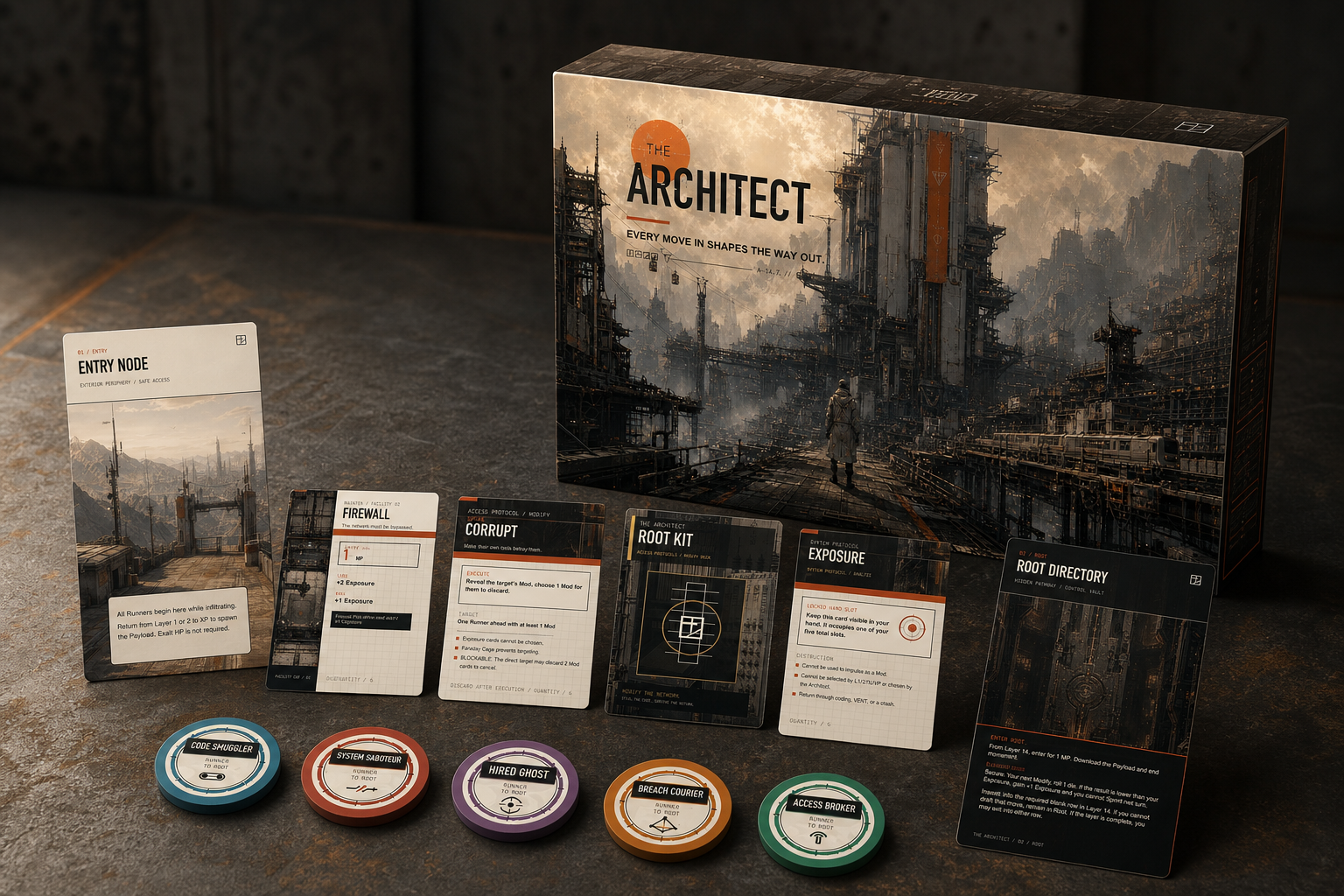 Three-dimensional mockup of The Architect box surrounded by Entry, Root, network cards, Root Kit cards, Exposure, and five Runner markers